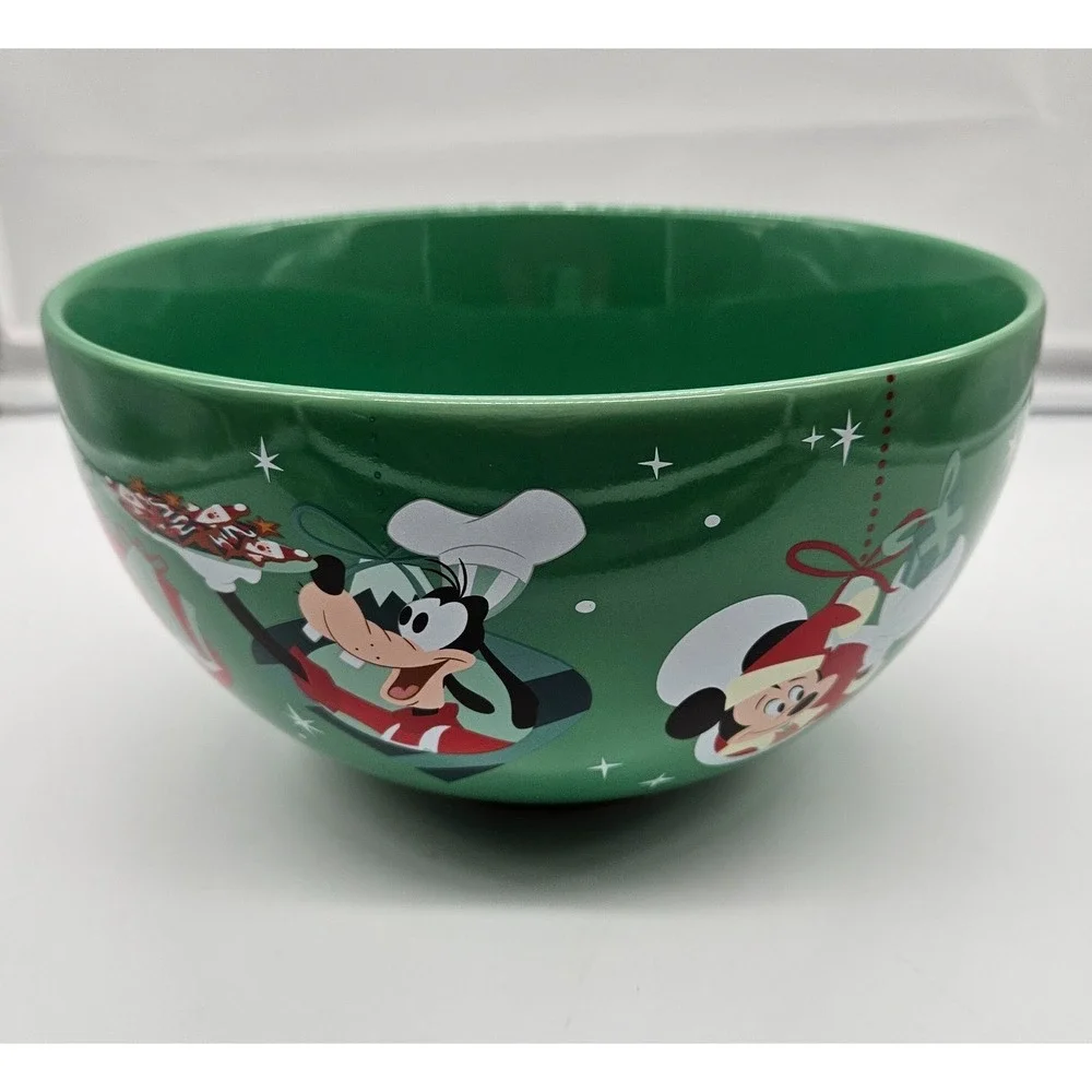 Disney Christmas Serving Bowl‎ Green Mickey Minnie Goofy Donald Holiday Ceramic